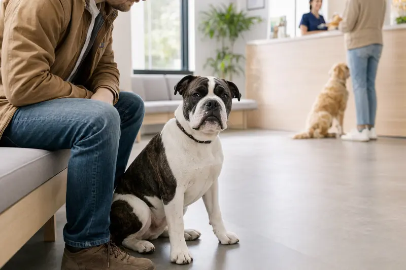 Ein ruhiger Azoren-Bulldogge sitzt neben seinem Besitzer im hellen Wartezimmer einer Tierarztpraxis.